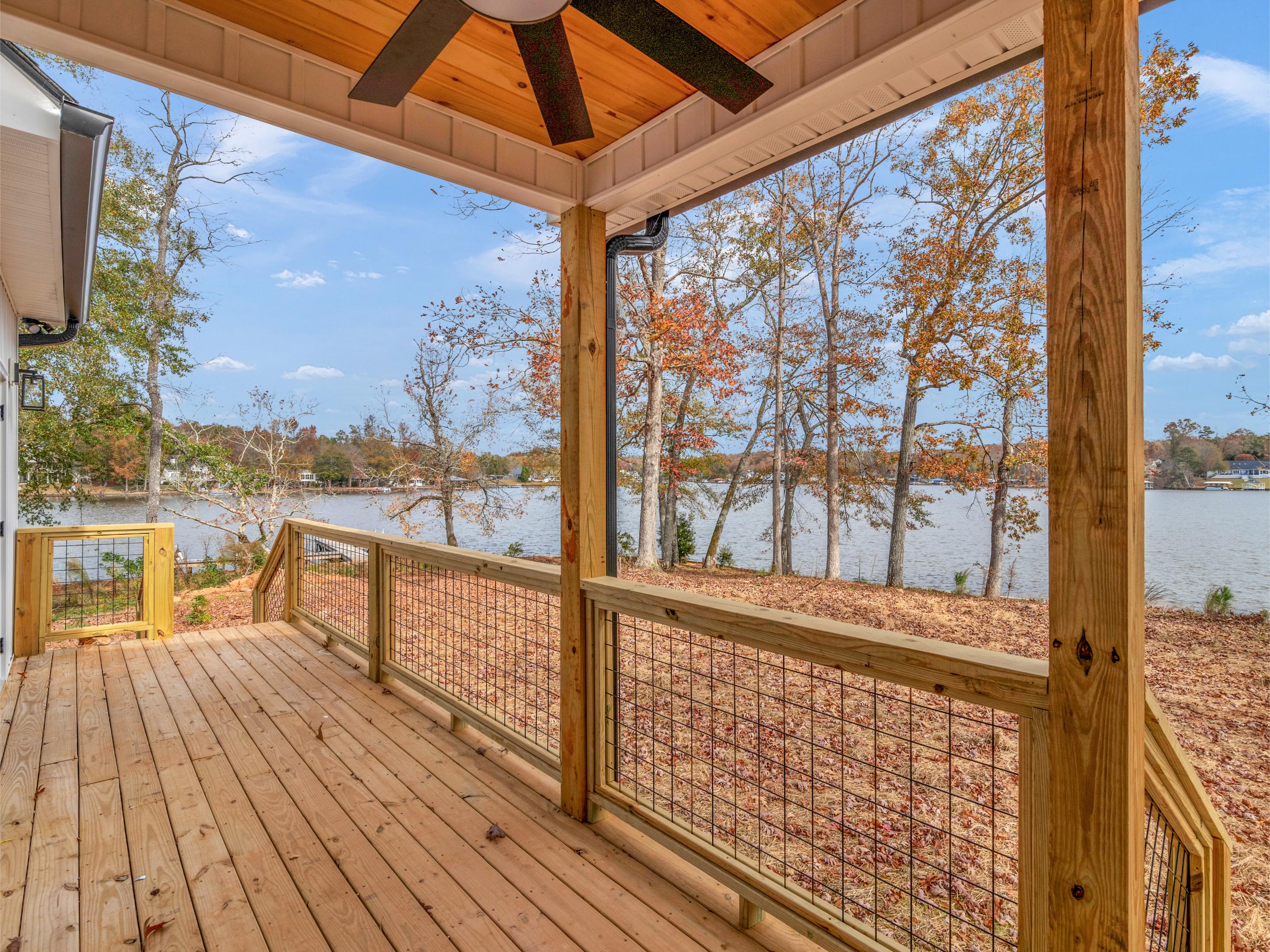 Lake house exterior in fall