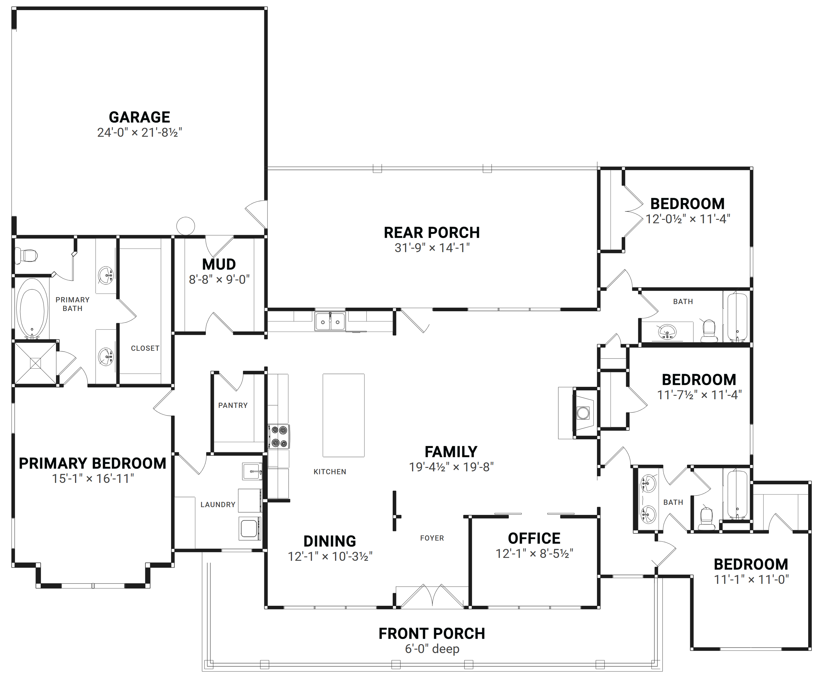 Floor plan of The Alcovy with room names and interior sizes: garage, mud room, primary suite, kitchen, dining, family room, foyer, office, three bedrooms, two baths, and covered front and rear porches
