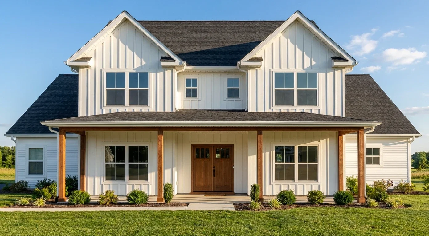 Front view of The Twin Gable: white board-and-batten siding, two front gables, a covered front porch with stained cedar posts and a double wood front door