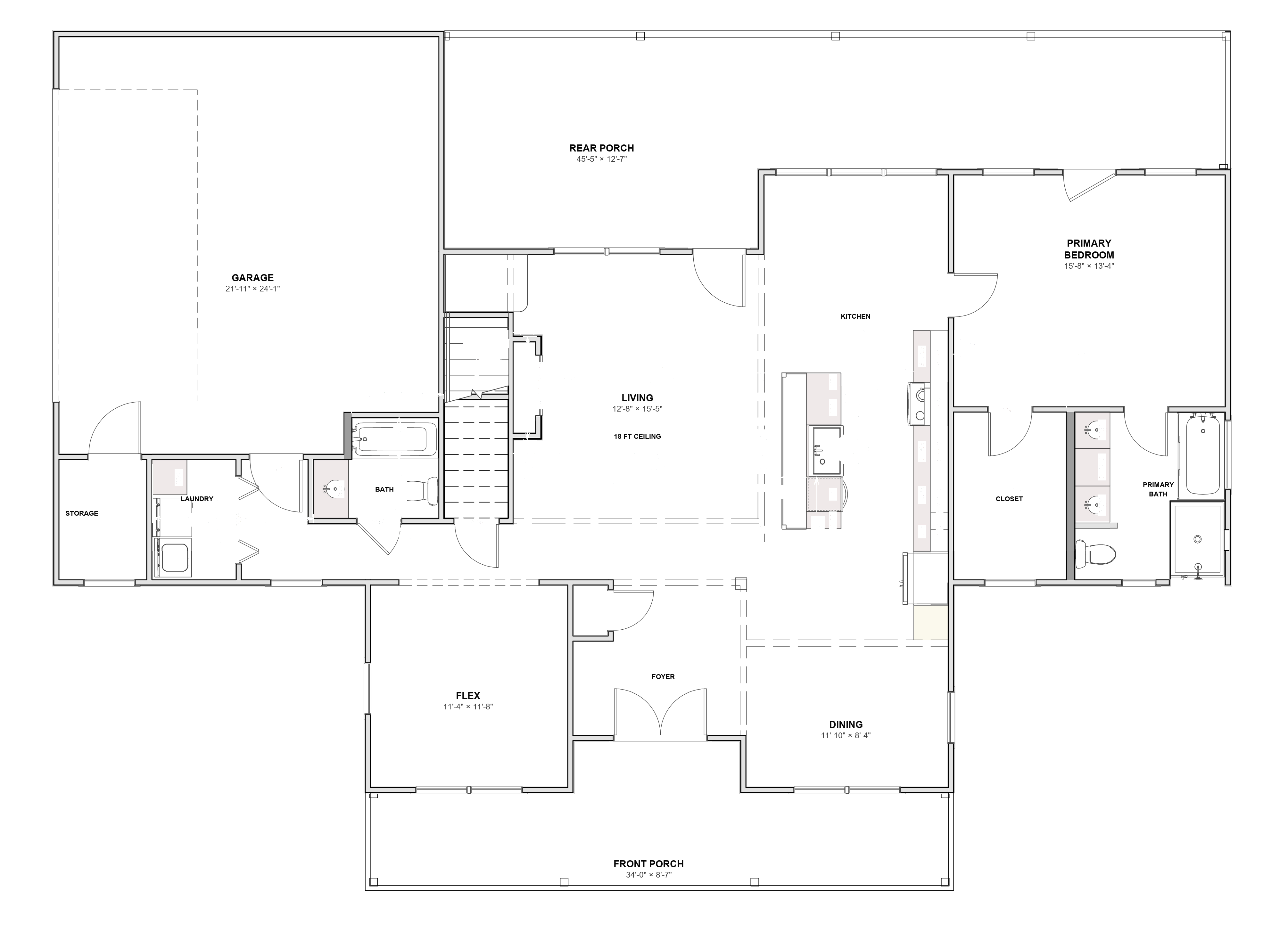 Main floor plan of The Twin Gable with room names and interior sizes: garage, storage, laundry, bath, living room, kitchen, dining, foyer, flex room, primary suite, and covered front and rear porches