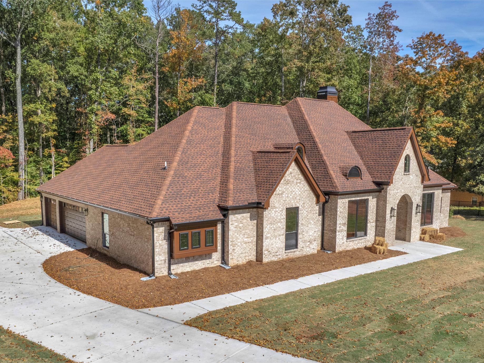 Aerial view of a completed custom home